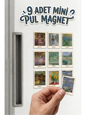 Riyaz Monet Tabloları Pul Magnet Seti - 9 Adet Buzdolabı Mıknatısı Hediyelik Anı Süsü (3x5 Cm)