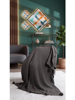 Doux Home Collection Yeliz Triko Örgülü Tv Battaniyesi 10 Ponponlu 130 x 170  cm (( ANTRASİT ))