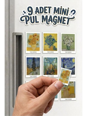 Riyaz Van Gogh Tabloları Pul Magnet Seti - 9 Adet Buzdolabı Mıknatısı Hediyelik Anı Süsü (3x5 Cm)