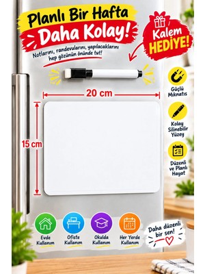 Riyaz Çok Amaçlı Silinebilir Buzdolabı Not Tahtası Magneti - Boş Beyaz Magnet Pano (20X15 cm + Özel Kalem Hediyeli)