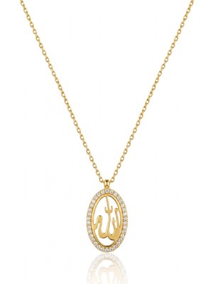 Söğütlü Silver 925 Ayar Gümüş Kolye Altın Kaplama Oval Çerçeve Zirkon Taşlı Işıltılı Allah Lafzı Kadın Kolye SGTL13541GOLD