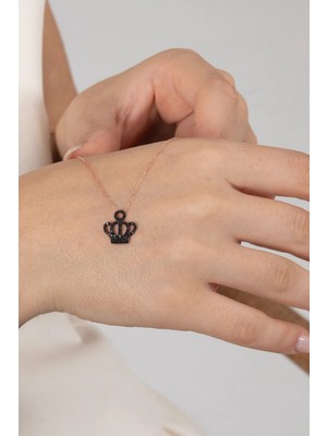 Söğütlü Silver 925 Ayar Gümüş Rose Gold Siyah Taşlı Kraliçe Taç Kadın Kolye SGTL13551SIYAH