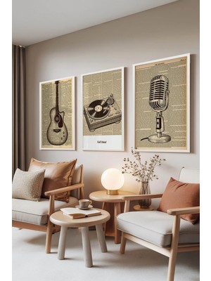 Zestia Beyaz Çerçeveli 3'lü Tablo Seti, Vintage Gazete Müzik Çizimi, Genç Odası Set No: 30209