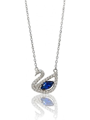 Söğütlü Silver 925 Ayar Gümüş Kolye Rodyum Kaplama Safir Renk Zirkon Taşlı Zarafet Sembolü Kuğu Kolye SGTL13643LACIVERT