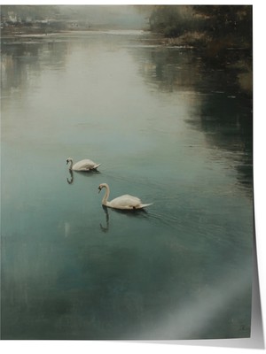 Zestia Vintage Duvar Posteri, Göl Üzerinde Beyaz Kuşlar Poster No: 20158