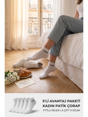 Lykos Kadın Beyaz Pamuklu Yazı Baskılı Patik Çorap 5’li Paket