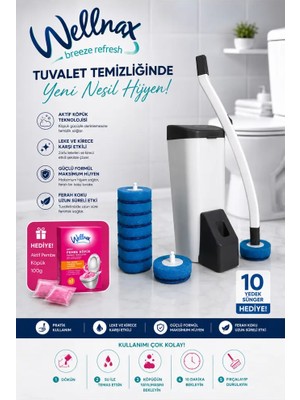 Wellnax Breeze Refresh Özel Tuvalet Temizlik Seti ve Kullan At 10 Adet Deterjanlı Tuvalet Yedek+Pembe Köpük Hediyeli