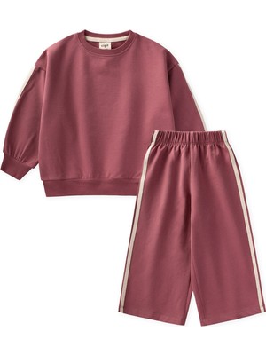 Cigit Şerit Detaylı Sweatshirt Takım 2-10 Yaş Antik Pembe