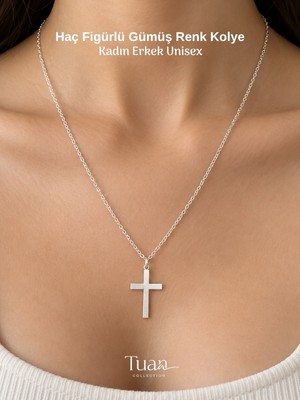 Tuan Collection Haç Figürlü Kolye Gümüş Renk Çelik Figür Lak Altın Kaplama Zincir