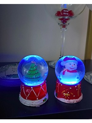 Ms 2 Adet Yeni Yıl Çam Ağacı ve Kardan Adam Temalı Mini Boy Işıklı Kar Küresi 6,5 cm