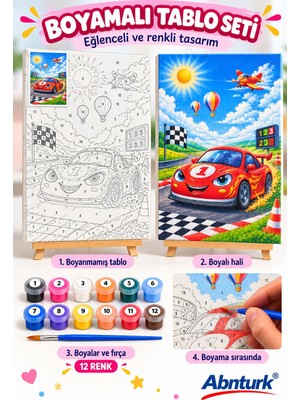 Abnturk 20X30CM Sayılara Göre Boyama Kanvas Tablo-Ahşap Çerçeveli 12 Renkli Boya ve Fıçalı Gülen Araba Temalı Hobi Boyama Seti