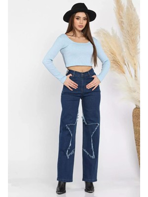 Semesia Y2K Yıldızlı Wide Leg Yıkamalı Mavi Jean
