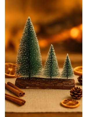 Ms 3’lü Mini Kar Efektli Yılbaşı Noel Ağaç Seti – Ahşap Kütük Üzeri Dekoratif Mini Çam Ağaçları