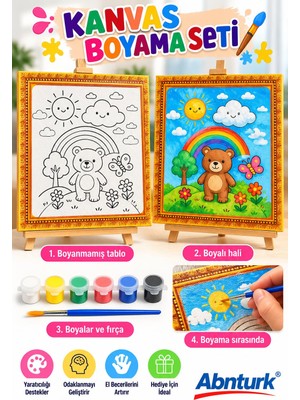 Abnturk 24X24CM  Kare Kanvas Tablo Boyama Seti-6 Farklı Renkli Boya ve Fırçalı Ayıcık temalı Hobi Boyama Seti