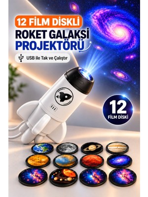 Raylax 12 Film Diskli Roket Galaksi Projektörü USB Yıldızlı Gökyüzü Projeksiyon Gece Lambası