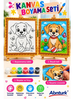 Abnturk 24X24CM  Kare Kanvas Tablo Boyama Seti-6 Farklı Renkli Boya ve Fırçalı Sevimli Köpek temalı Hobi Boyama Seti
