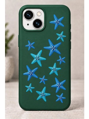 Mor Mürekkep 2d (2 Boyutlu) Denizyıldızı Desenli iPhone 13 Yeşil Telefon Kılıfı