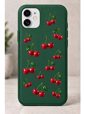 Mor Mürekkep 2d (2 Boyutlu) Kiraz Desenli iPhone 11 Yeşil Telefon Kılıfı