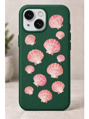 Mor Mürekkep 2d (2 Boyutlu) Deniz Kabuğu Desenli iPhone 15 Yeşil Telefon Kılıfı