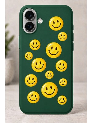 Mor Mürekkep 2d (2 Boyutlu) Gülen Yüz Desenli iPhone 16 Yeşil Telefon Kılıfı