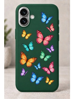 Mor Mürekkep 2d (2 Boyutlu) Rengârenk Kelebek Desenli iPhone 16 Yeşil Telefon Kılıfı