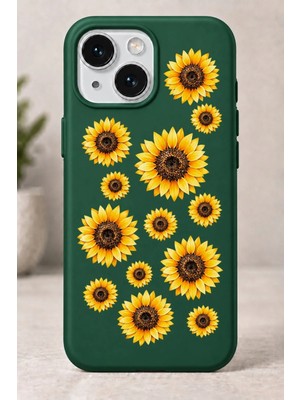 Mor Mürekkep 2d (2 Boyutlu) Ayçiçeği Desenli iPhone 15 Yeşil Telefon Kılıfı