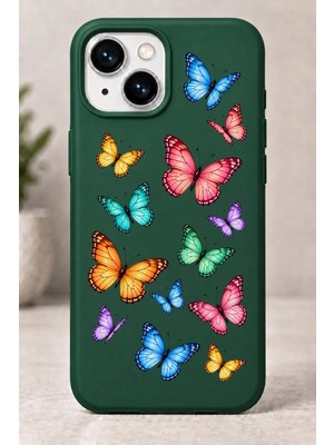 Mor Mürekkep 2d (2 Boyutlu) Rengârenk Kelebek Desenli iPhone 13 Yeşil Telefon Kılıfı