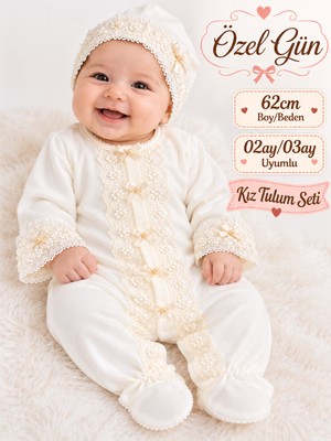 Sönmez Bebe Özel Gün Kız Bebek Mevlüt Tulum Seti %100 Pamuk 2-3 Ay 62CM Kırık Beyaz Dantelli Fiyonklu Şapkalı Hastane Çıkışı-Bebek Hediyelik