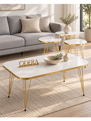 Odera Beyaz Orta Sehpa ve Yuvarlak Zigon Sehpa 4'lü Set Tel Metal Ayaklı Modern Salon Sehpası