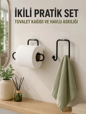 Milas Toptan mt Duvara Yapışkanlı 2’li Düzenleme Seti Havlu Askısı ve Tuvalet Kağıdı Tutucu