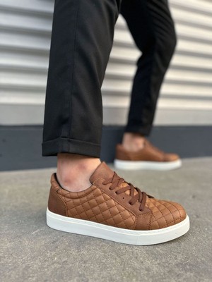 Mooien JY166 Prestige Bağcıklı Cilt Kapitone Desenli Erkek Günlük Sneaker Ayakkabı Cbt - Taba