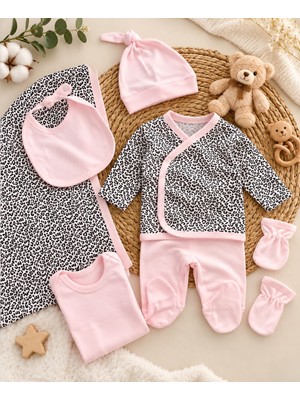 Aki Moda Kids Leopar Desenli Pembe Kız Bebek Hastane Çıkışı 7 Parça Set
