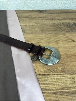 Wakha Suni Deri Kadın Kemer Bordo Eskitme Gümüş Yuvarlak Tokalı 3,5 cm Genişlik Dikişli Elbise Uyumlu Kutulu