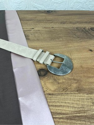 Wakha Suni Deri Kadın Kemer Bej Eskitme Gümüş Yuvarlak Tokalı 3,5 cm Genişlik Dikişli Elbise Uyumlu Kutulu