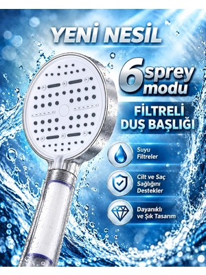 Hace Bazaar Büyük Panelli 6 Farklı Su Modlu Filtreli Duş Başlığı Beyaz Tasarım