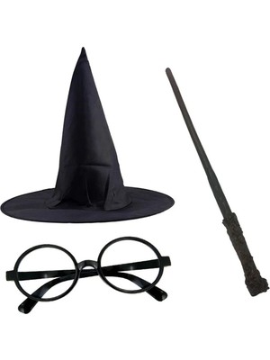 TCX Potter Temalı 3'lü Set Siyah Şapka Gözlük Asa (Harry Model)