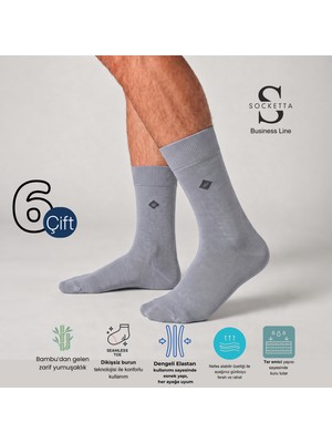 Socketta 6'lı Gri Erkek Business Bambu Desenli Dikişsiz Soket Çorap - Premium