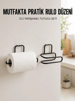 Milas Toptan mt 2’li Siyah Metal Rulo Kağıt Tutucu Yapışkanlı Banyo ve Mutfak Kağıtlık
