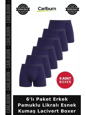 Carlburn 6'lı Paket Erkek Pamuklu Likralı Esnek Kumaş Lacivert Boxer Rahat Kesim Hediyelik Baba Hediyesi