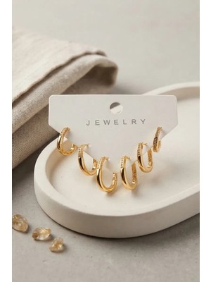 Meks Gold Renk Zirkon Taşlı Pirinç Ince Kare Halka Model Kadın Küpe Seti - Bayi Depom