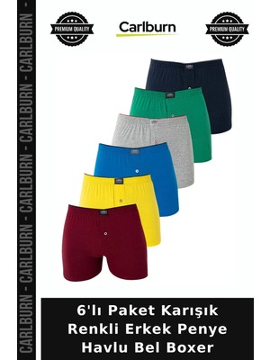 Carlburn 6'lı Paket Karışık Renkli Erkek Penye Havlu Bel Boxer Örme Çamaşır Hediyelik Set Klasik Model