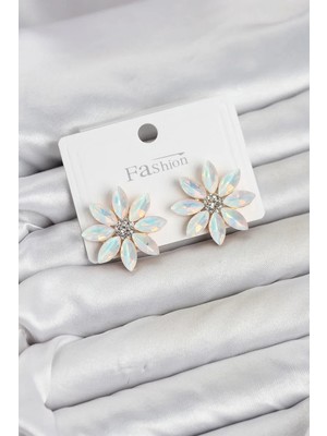 Meks Beyaz Renk Kristal Taşlı Lotus Çiçek Model Kadın Küpe - Bayi Depom