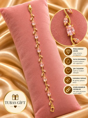 Tubas Gift Zarif Pembe Zikron Taşlı Asma Dal Yapraklı Kadın Bileklik Işıltılı Ince Tasarım Günlük Özel Gün Aksesuarı
