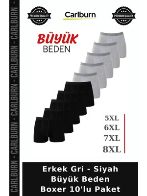 Carlburn Özel Üretim Erkek Gri - Siyah Büyük Beden Boxer 10'lu Paket Erkekler Için Günlük Tarz