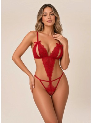 New Dreams eyetis Kadın Siyah Dantel Body İnce Askılı Fiyonklu DalgalıYüksek Kesimli Seksi Fantezi Teddy İç Giyim Takım