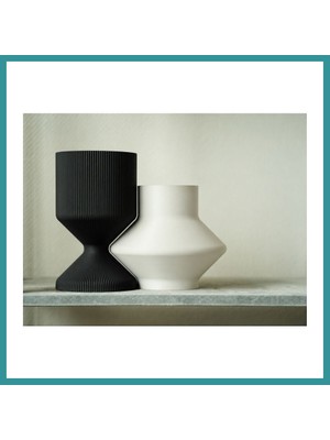 Bt Teknik 3D Baskı Modern Dekoratif Ikili Vazo Seti - Minimalist Çizgili Çiçek Vazosu-Siyah-Beyaz - 17*10,25 cm - 13*15 cm Bez