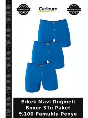 Carlburn Özel Üretim Erkek Mavi Düğmeli Boxer 3'lü Paket %100 Pamuklu Penye Kombin Tekstil Moda