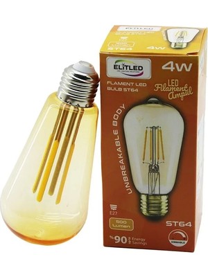 Milas Toptan Milas Elitled St-64 4W - E27 Gold Color Flament LED Rustik Ampul 500LUMEN Kırılmaz Gövde