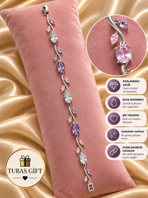 Tubas Gift Çelik Lale Model Silver Renkli -  Yeşil - Su Mavisi ve Pembe Mor Kadın Taşlı Bileklik Özel Tasarım