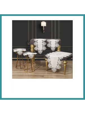 Bt Teknik Salon Takımı Krem-Gold Kayla Model 5 Parça Keten Dantelli Masa Örtüsü Runner Seti Bez